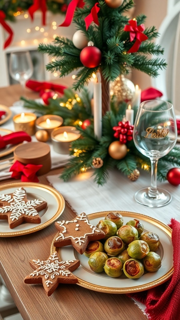 Christmas Aesthetic Recipe Collection A festive Christmas table with gingerbread cookies, Brussels sprouts, and holiday decorations.
